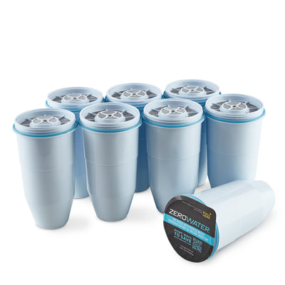 5 stage replacement filters 8 pack all filter lined up. 1 filter lying down with yogurt lid