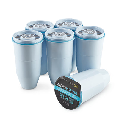 5 stage replacement filters 6 pack all filter lined up. 1 filter lying down with yogurt lid