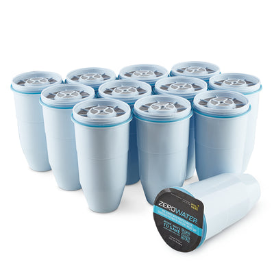 5 stage replacement filters 12 pack all filter lined up. 1 filter lying down with yogurt lid 