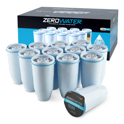 5 stage replacement filters 12 pack all filter lined up. 1 filter lying down with yogurt lid and box in background